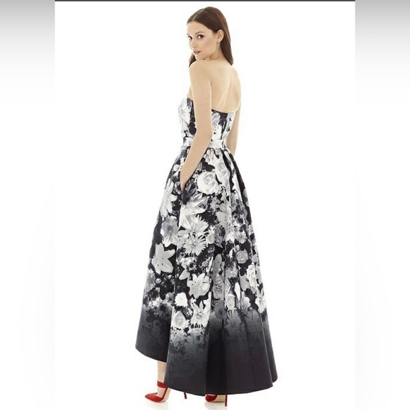 ALFRED SUNG BOHEMIAN FLORAL HI LOW BLACK WHITE GRAY STRAPLESS GOWN SIZE 8 - Picture 2 of 6